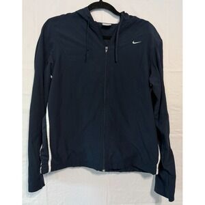 Women NIKE Full Zip Track Solid Navy Blue Hooded Long Sleeve Jacket Large